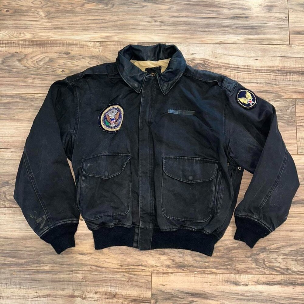 Black vintage Avirex Bomber jacket  with a worn-in look and leather collar